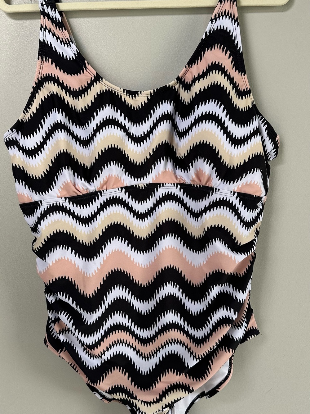 Bloom Chic Wavy Striped One-Piece Swimsuit in Black, White & Peach - plus size